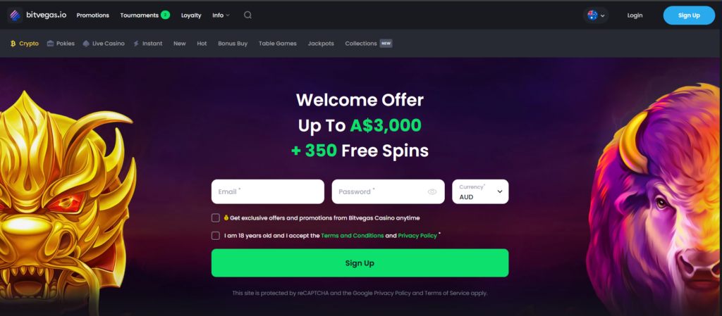Bitvegas Casino welcome offer with up to A$3000 bonus and 350 free spins