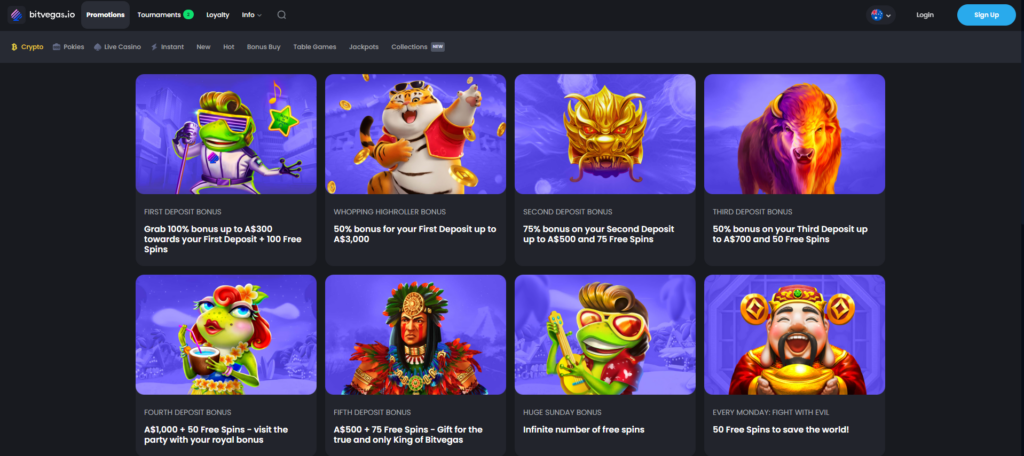 Bitvegas Casino promotions page featuring deposit bonuses free spins and special rewards