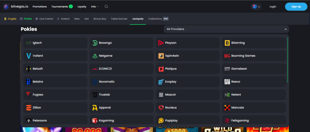 Bitvegas Casino game providers including Playson Novomatic BGaming Booming Games and Netgame