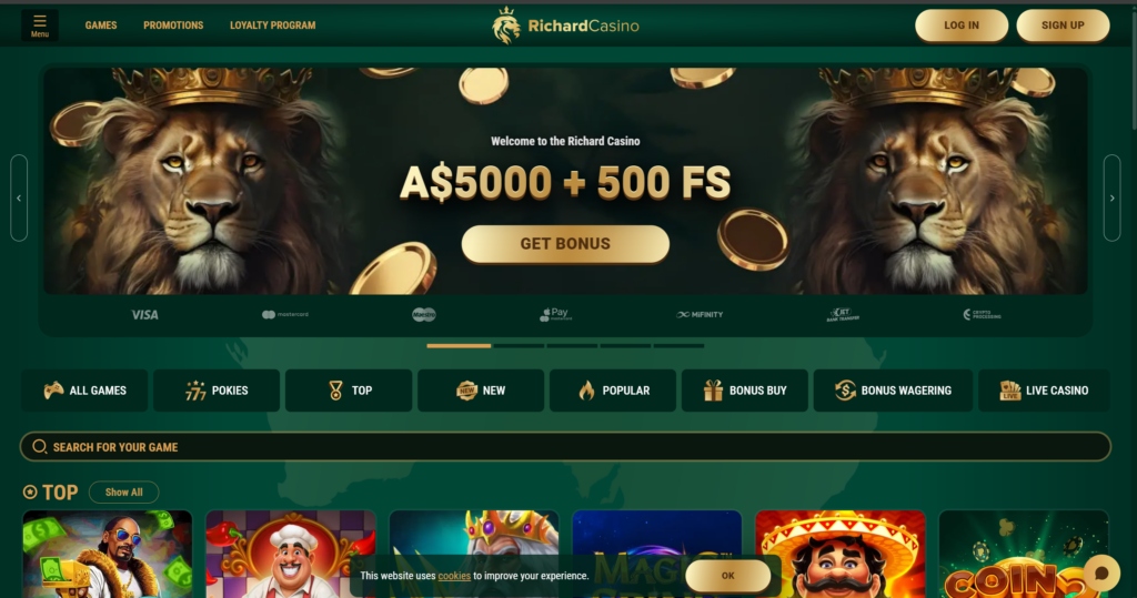 Richard Casino homepage with welcome bonus of A$5000 and 500 free spins for Australian players