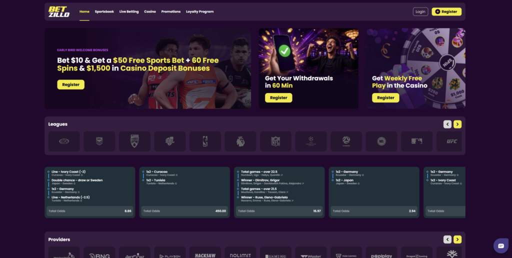 Betzillo homepage banners for the sports free bet, 60-minute withdrawals and weekly casino free play