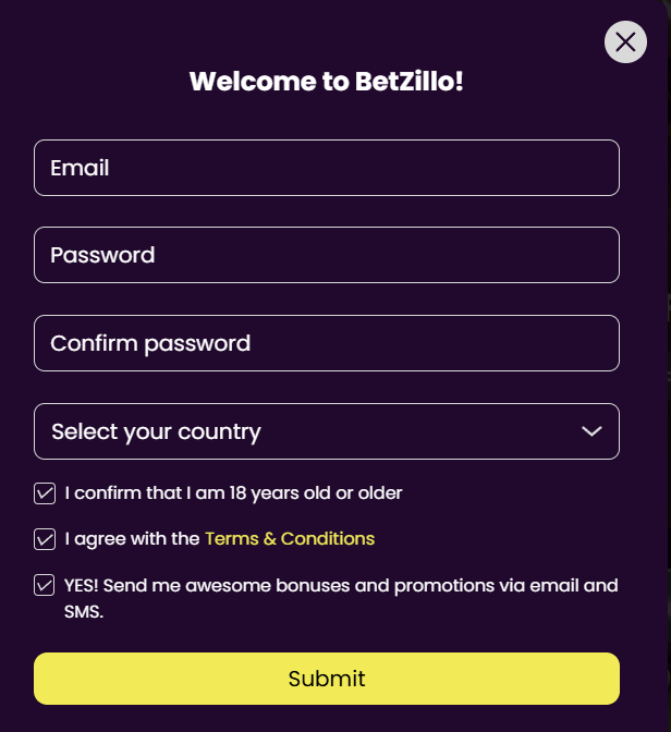 Betzillo sign-up form asking for email, password, country and 18+ confirmation