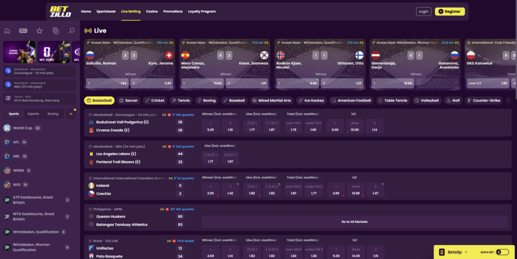 Betzillo live betting page with in-play odds for tennis, basketball and international football