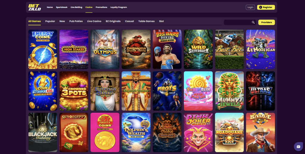 Betzillo casino lobby showing pokies including Fortune of Olympus, Big Bass Boxing and Egyptian Jewels