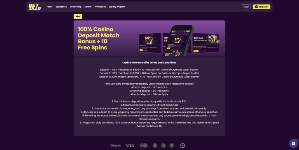 Betzillo casino welcome bonus terms showing the 100% to 200% three-deposit match offer up to A$1,500