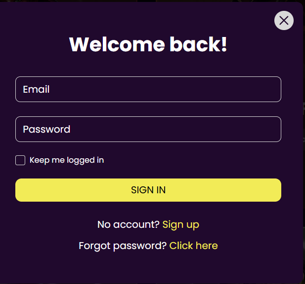 Betzillo login screen with email and password fields for returning players