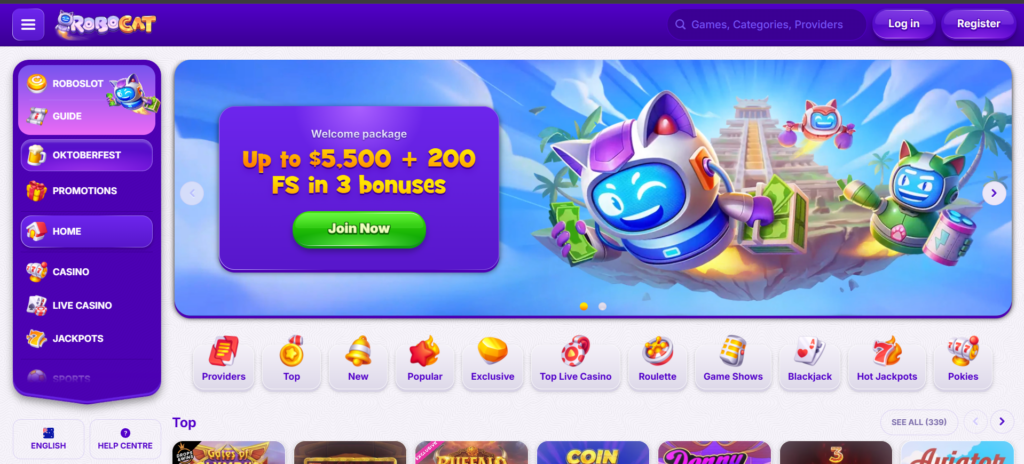 RoboCat Casino review interface for Australian players