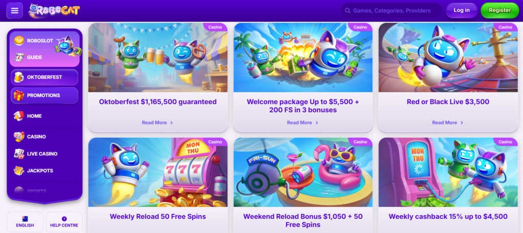 RoboCat Casino bonus page with crypto and AUD offers