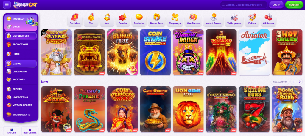 RoboCat Casino real money pokies platform screenshot