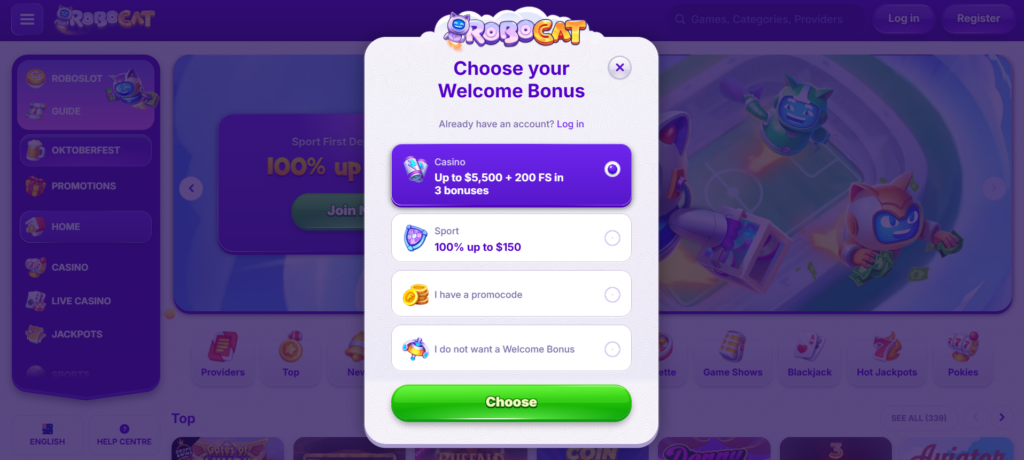 RoboCat Casino registration form for new players sign up