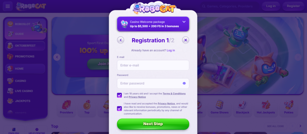 RoboCat Casino account creation process for Australian players
