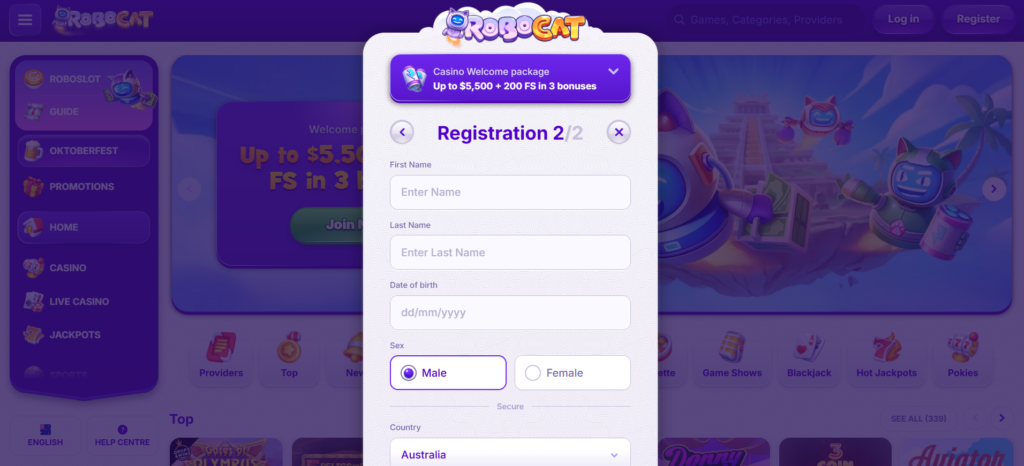RoboCat Casino sign up page with account creation fields