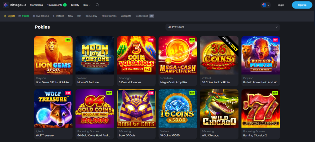 Bitvegas Casino pokies lobby with online slot games from multiple providers