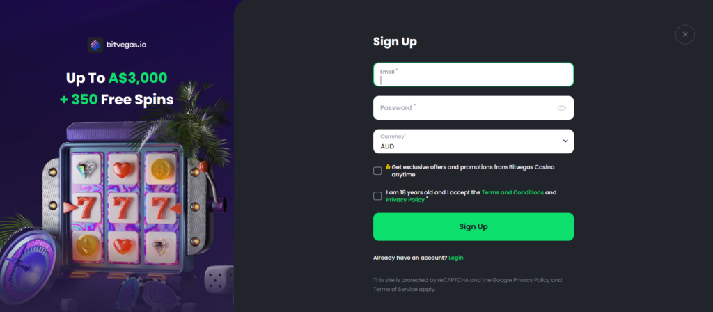 Bitvegas Casino sign up page with welcome bonus of up to A$3000 and 350 free spins