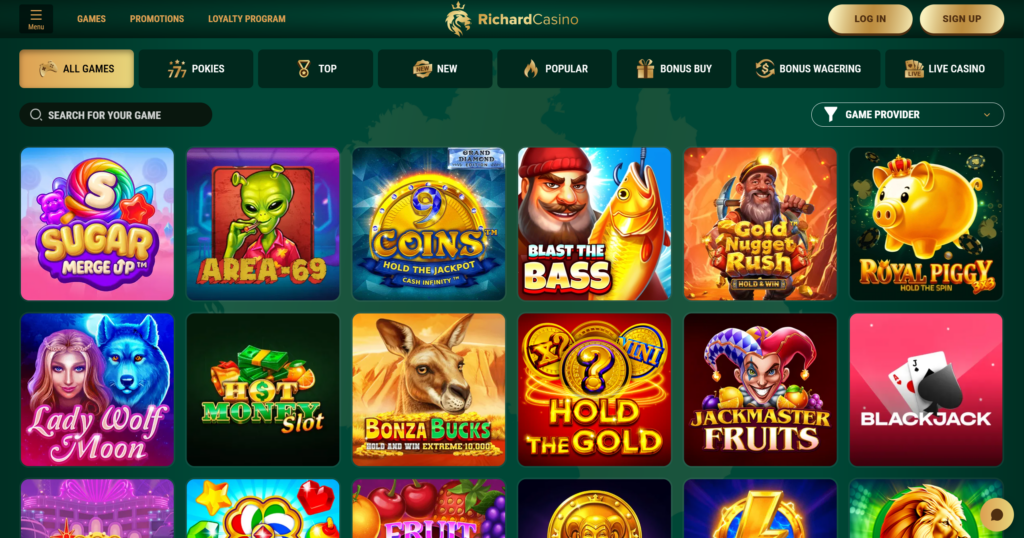 Richard Casino game lobby featuring online pokies slots and casino games