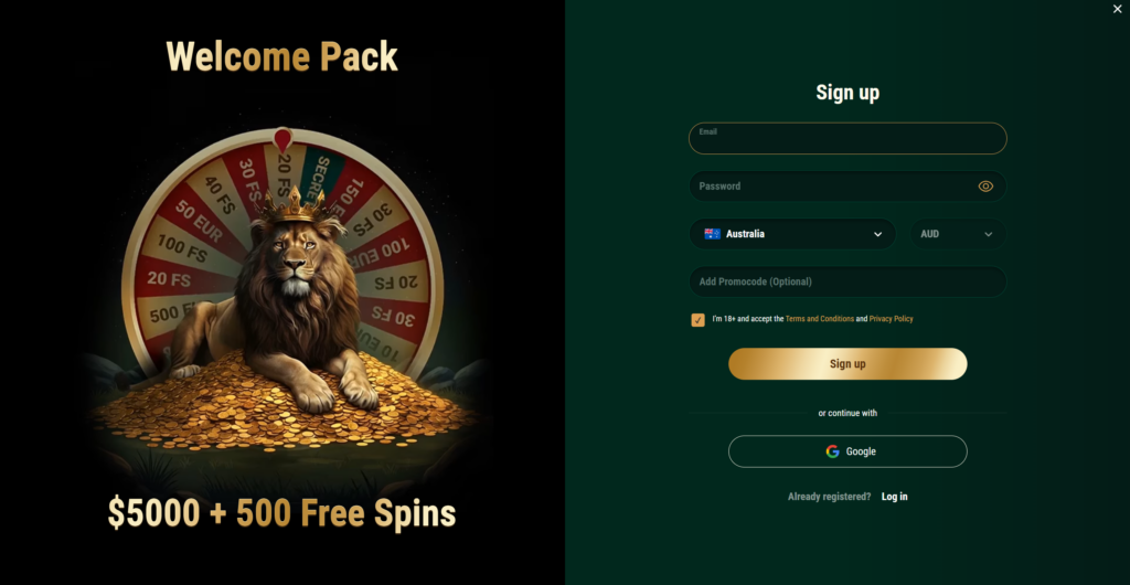 Richard Casino registration page with welcome bonus of $5000 and 500 free spins