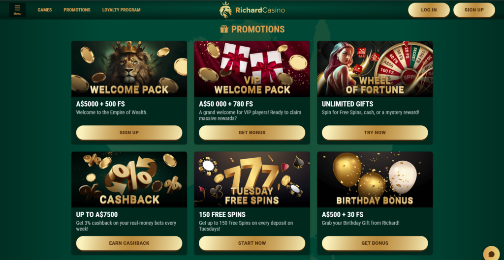 Richard Casino promotions page with welcome bonus cashback free spins and VIP offers
