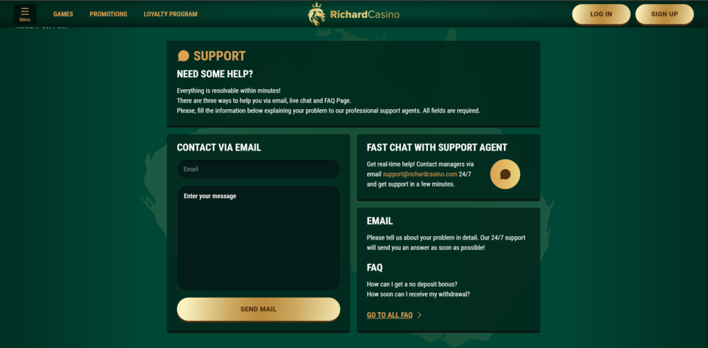 Richard Casino customer support page with live chat email contact and FAQ section