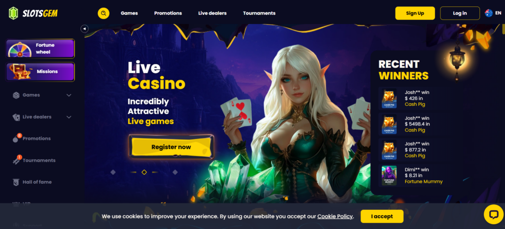 SlotsGem Australia live casino review with real dealer games and interactive gameplay