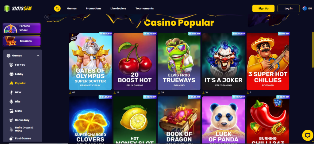 Popular online pokies and slot games available at SlotsGem Australia review