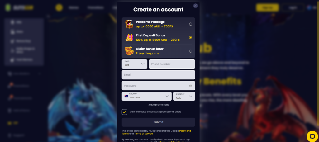 SlotsGem Australia casino review sign up form with welcome bonus for new players