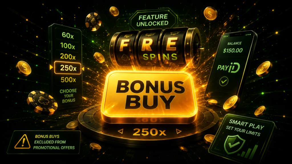 Slot machine activating a Bonus Buy feature with glowing reels and casino coins