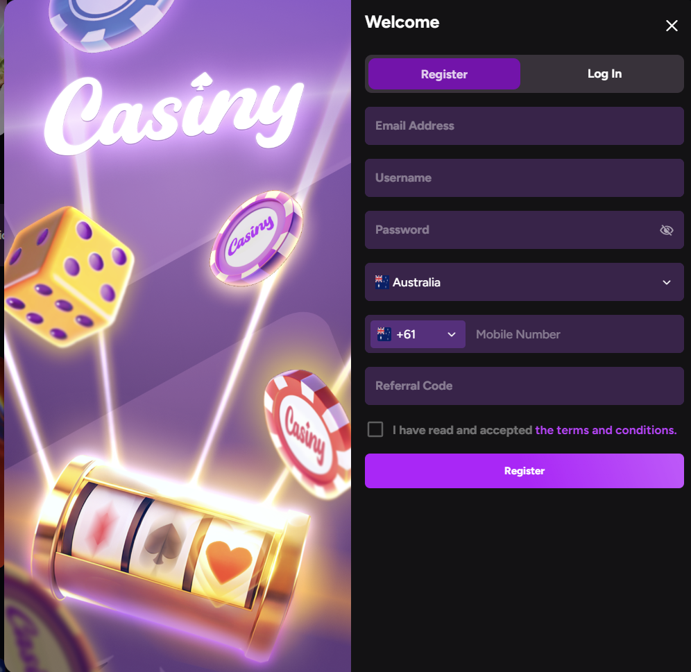 Casiny Casino Register page