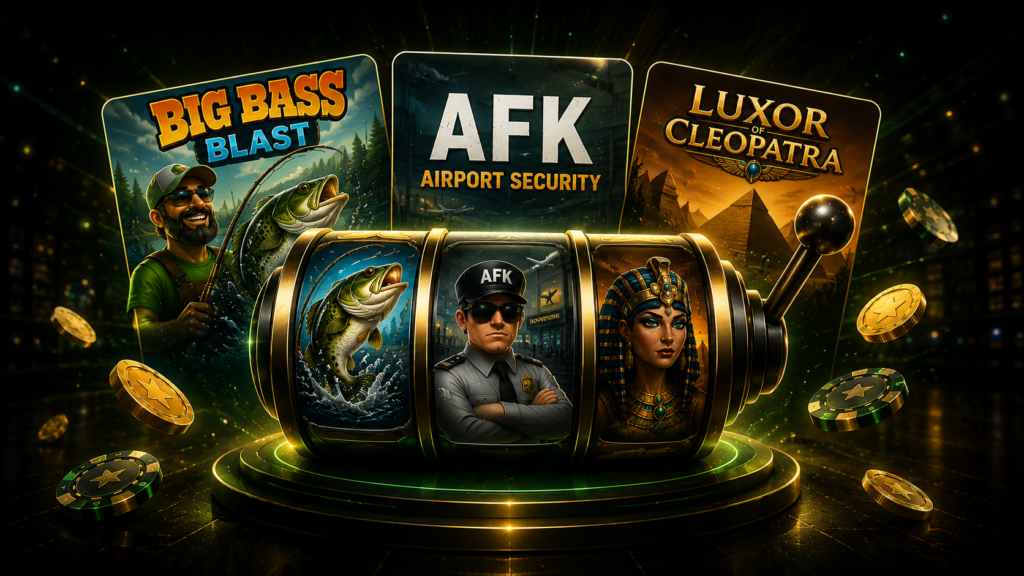 Slot machine displaying newly released online pokies with three featured game themes